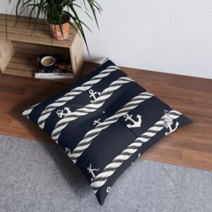 Maritime stripe tufted floor pillow with nautical ropes and anchors on navy background