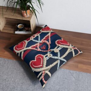 Nautical affection tufted floor pillow with series of ropes and red hearts design