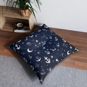 Nocturnal charm floor pillow with anchors and celestial shapes on dark blue