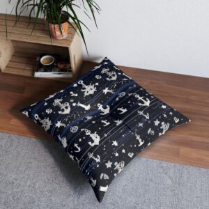 Cozy elegance floor pillow with anchors and stars adrift on dark blue