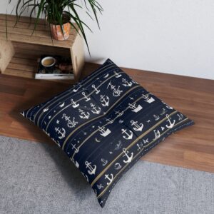 Cozy floor pillow with anchors scattered like constellations over dark blue