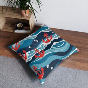 Vibrant nautical charm floor pillow with bold anchors and liferings on sea waves