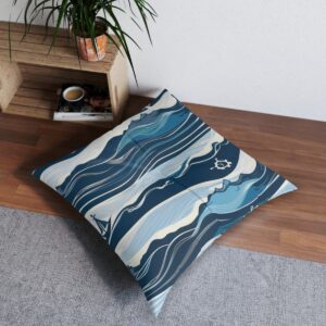 Liferings and anchors adrift on oceanic stripes tufted floor pillow