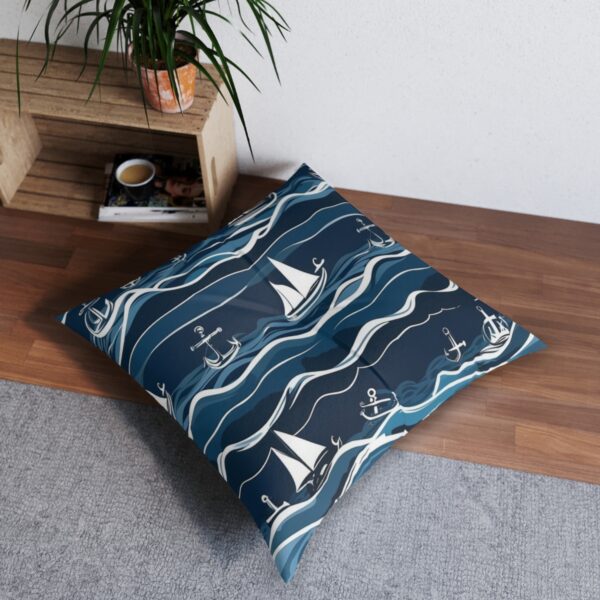 Playful liferings and anchors design on ocean rhythm tufted floor pillow