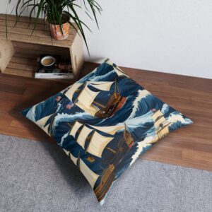 Old-world ships cutting through navy waves tufted floor pillow