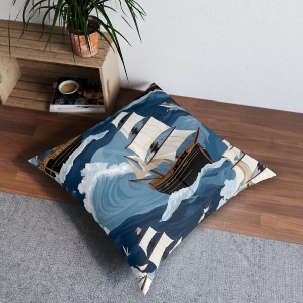 Regal ships amidst tumultuous waves tufted floor pillow