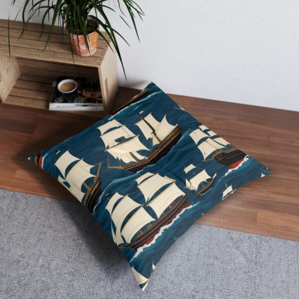 Vintage inspired floor pillow with old-world ships and navy waves