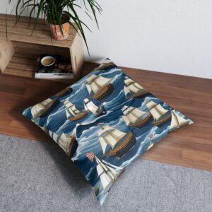 Grand ships and billowing waves design tufted floor pillow