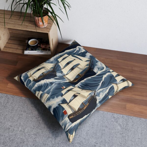 Vintage sailboat design tufted floor pillow with old world charm