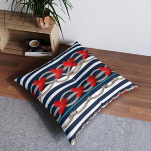 Sailor's embrace tufted floor pillow with nautical ropes and red hearts