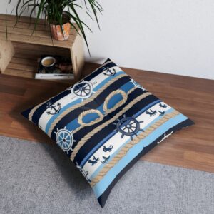 Elegant tufted floor pillow with anchors and ship wheels design