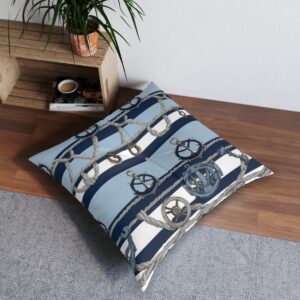 Nautical themed tufted floor pillow with ship wheels design