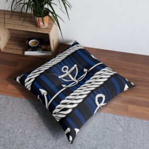 Navy striped tufted floor pillow with classic anchors and sailor's knots