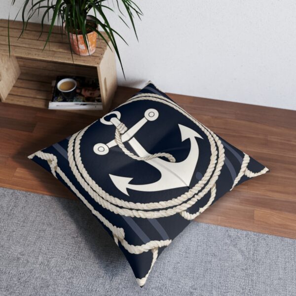 Navy tufted floor pillow with large anchor and robust ropes design