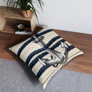 Floor pillow with bold anchor and thick ropes on classic stripes