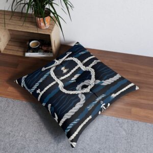 alternatif: Navy striped tufted floor pillow with intricate rope designs