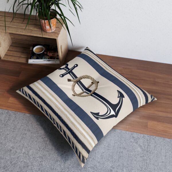 Classic sailor stripes tufted floor pillow with nautical rope and bold anchor design