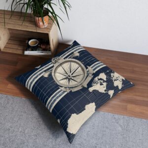 Navy stripe tufted floor pillow with ship's wheel and map design