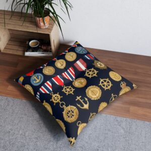 Seafaring honors tufted floor pillow with timeless naval medals design