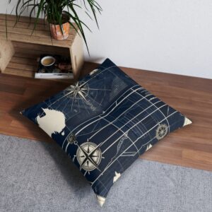 Tufted floor pillow with maritime compasses and oceanic line pattern