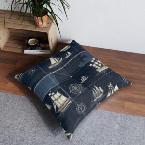 Dark blue striped tufted floor pillow with naval maps and coordinates design