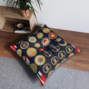 Naval glory tufted floor pillow with historical medals design