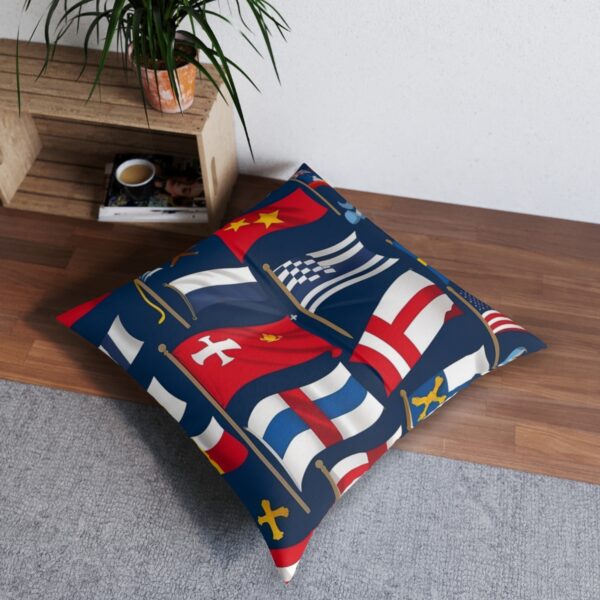 Assembly of maritime flags tufted floor pillow on navy background