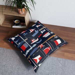 Variety of maritime flags tufted floor pillow on dark blue background