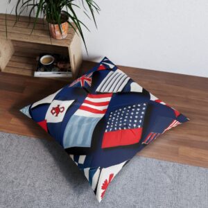 Collage of international maritime flags tufted floor pillow on navy background