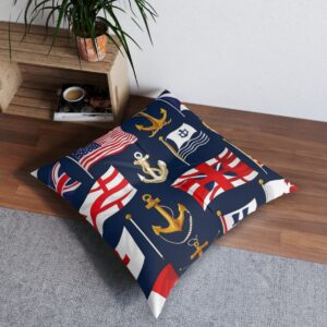 Maritime flags on striped navy and white background tufted floor pillow