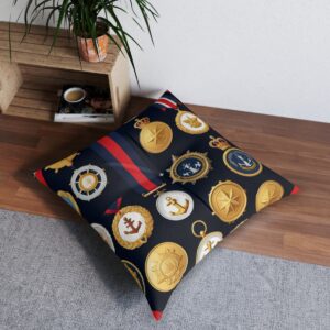 Vanguard valor tufted floor pillow with sophisticated naval medals design