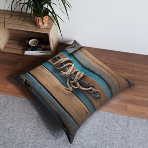 Weathered wood planks and coiled rope design tufted floor pillow