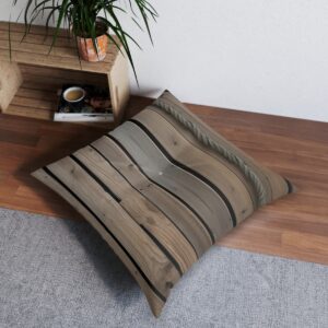 Weathered wooden plank design tufted floor pillow on floor