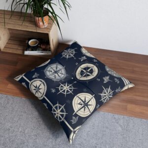 Celestial compass designs tufted floor pillow on deep navy background