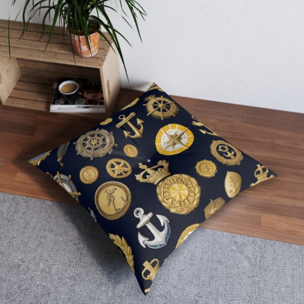 Nautical honor tufted floor pillow with stately naval medals design