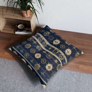 Golden maritime instruments design tufted floor pillow on navy background