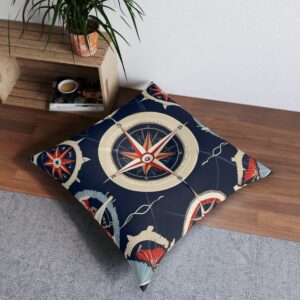 Central compass rose with nautical accents tufted floor pillow on navy background