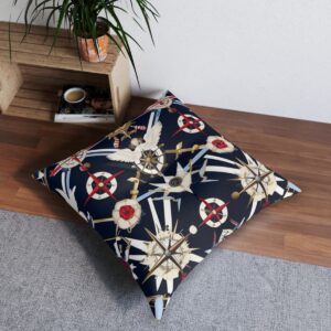 Golden compasses and helms tufted floor pillow on a navy background