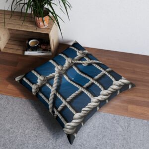 Nautical-themed floor pillow with robust rope grid on tranquil blue background