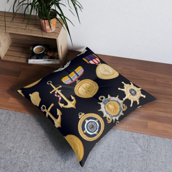 Sea valor tufted floor pillow with maritime medals design