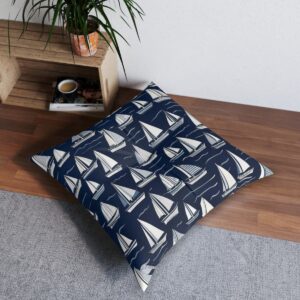 Coastal vibe navy floor pillow with crisp white sailboats