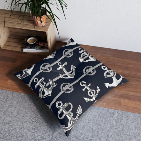 Anchor print floor pillow for a maritime room transformation