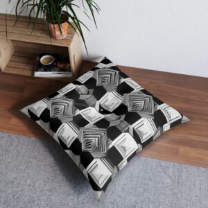 Geometric cube pattern black and white tufted floor pillow