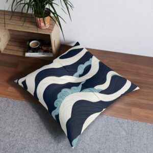 Tranquil tides tufted floor pillow with cresting wave design