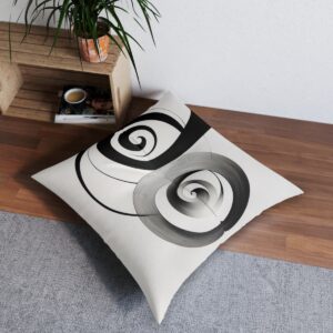 Minimalist art tufted floor pillow with black spiral on white