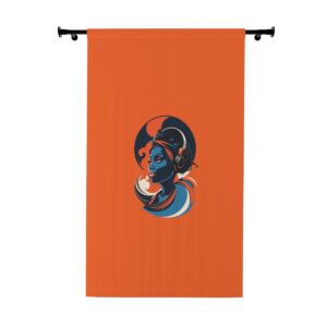 Orange window curtain with African-inspired portrait design