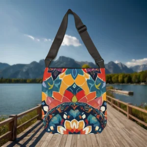 Flat-lay of a colorful market-inspired tote bag with vibrant mandala and floral motifs