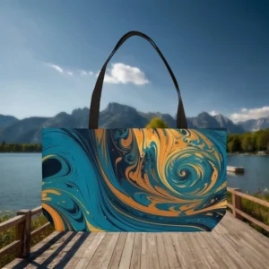Weekender tote bag with fluid abstract swirl pattern in blue and yellow, displayed flat