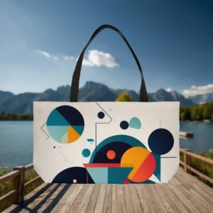 Weekender tote bag with abstract geometric design in bold multicolor on white background, flat view