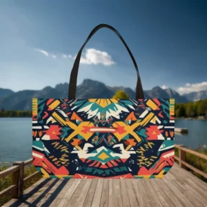 Flat view of a weekender tote bag with vibrant multicolor Aztec pattern
